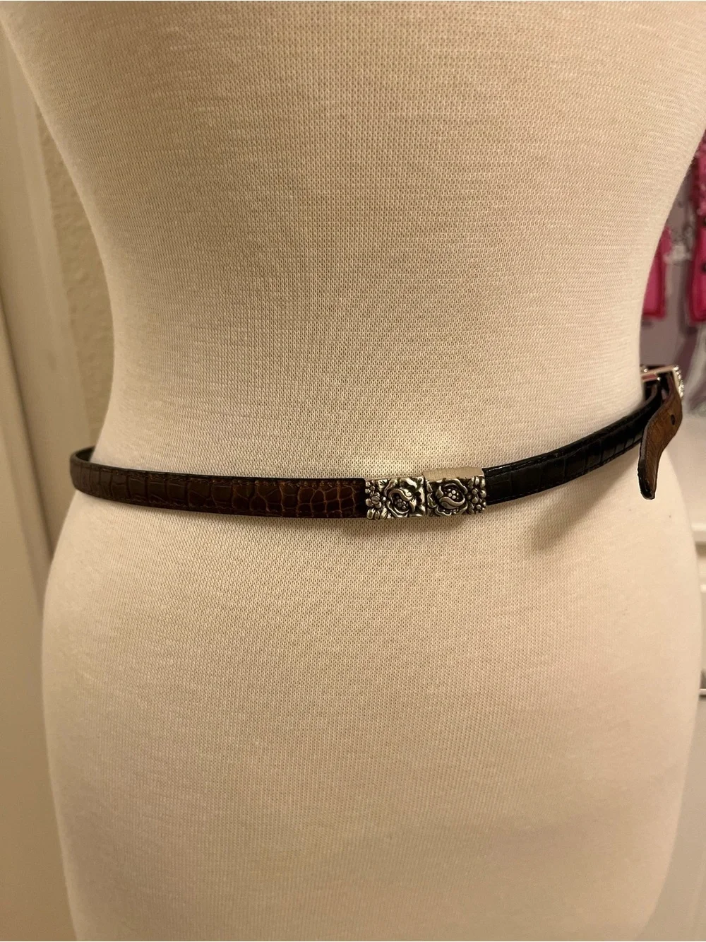 Brighton Skinny Croc-Embossed Belt with Floral Silver Buckle & Hardware